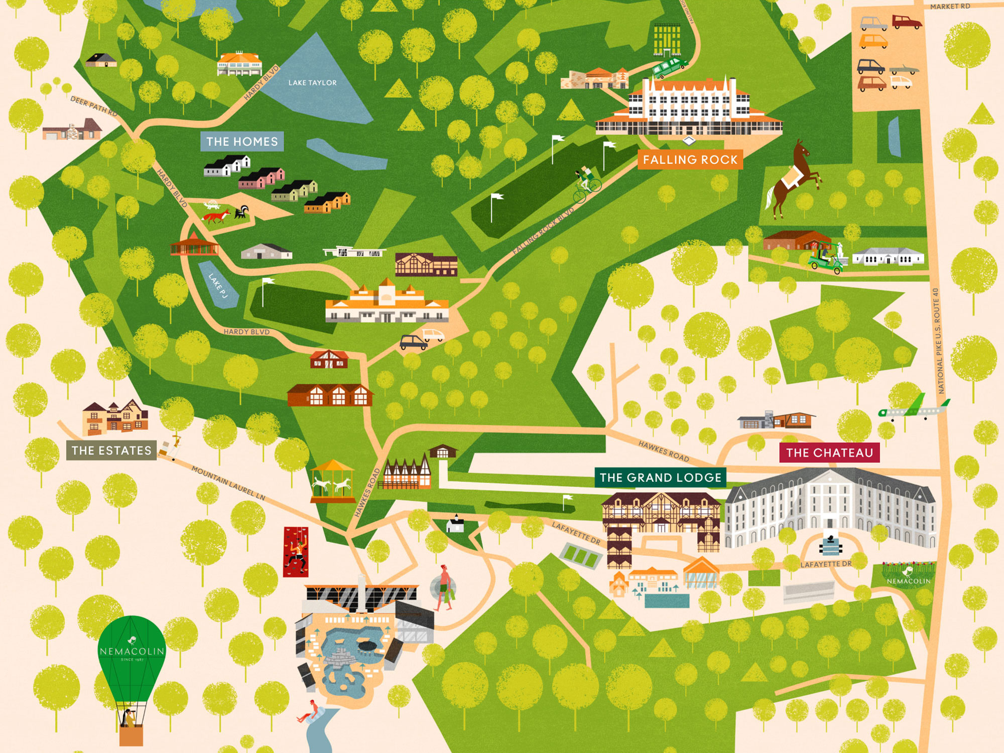 A colorful and interactive, cartoon map of Nemacolin resort.