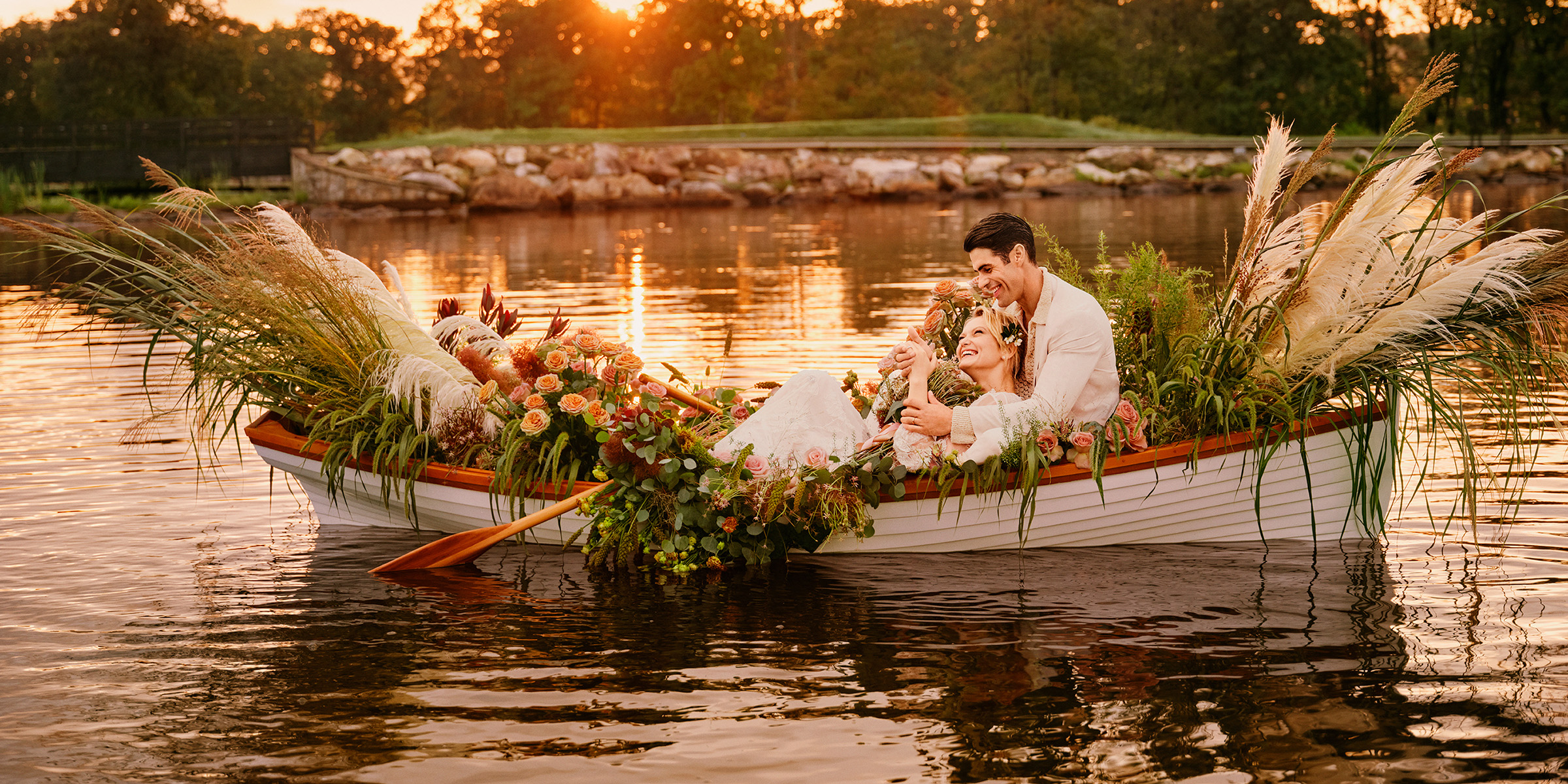 bride and groom on a boat